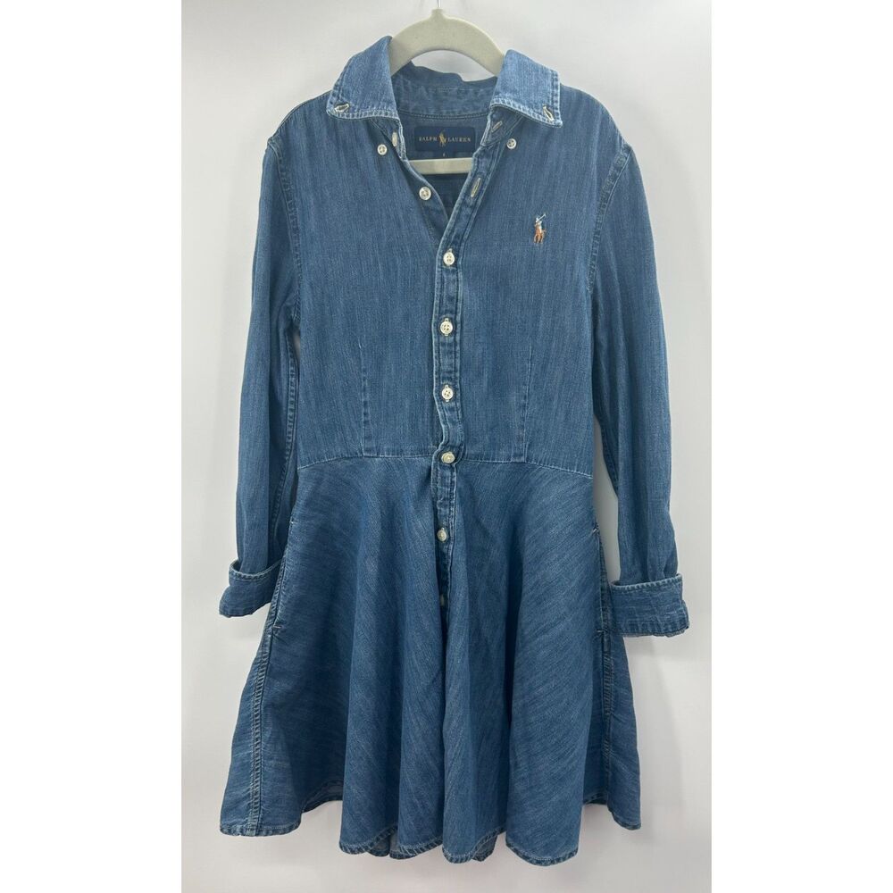 Polo Ralph Lauren Denim Shirt Dress Girls Size 8 Button Up Cotton Blue Fit Flare